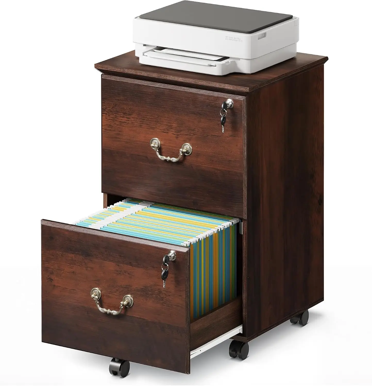 2 Drawer File Cabinet, Wood File Cabinet with Lock, Brown Oak