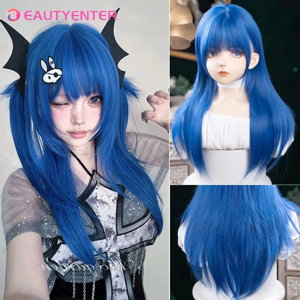 

24 Inch Long Blue Cosplay Wig for Women with Bangs Synthetic Straight Heat-Resistant Hair Ideal for Halloween Christmas New Year