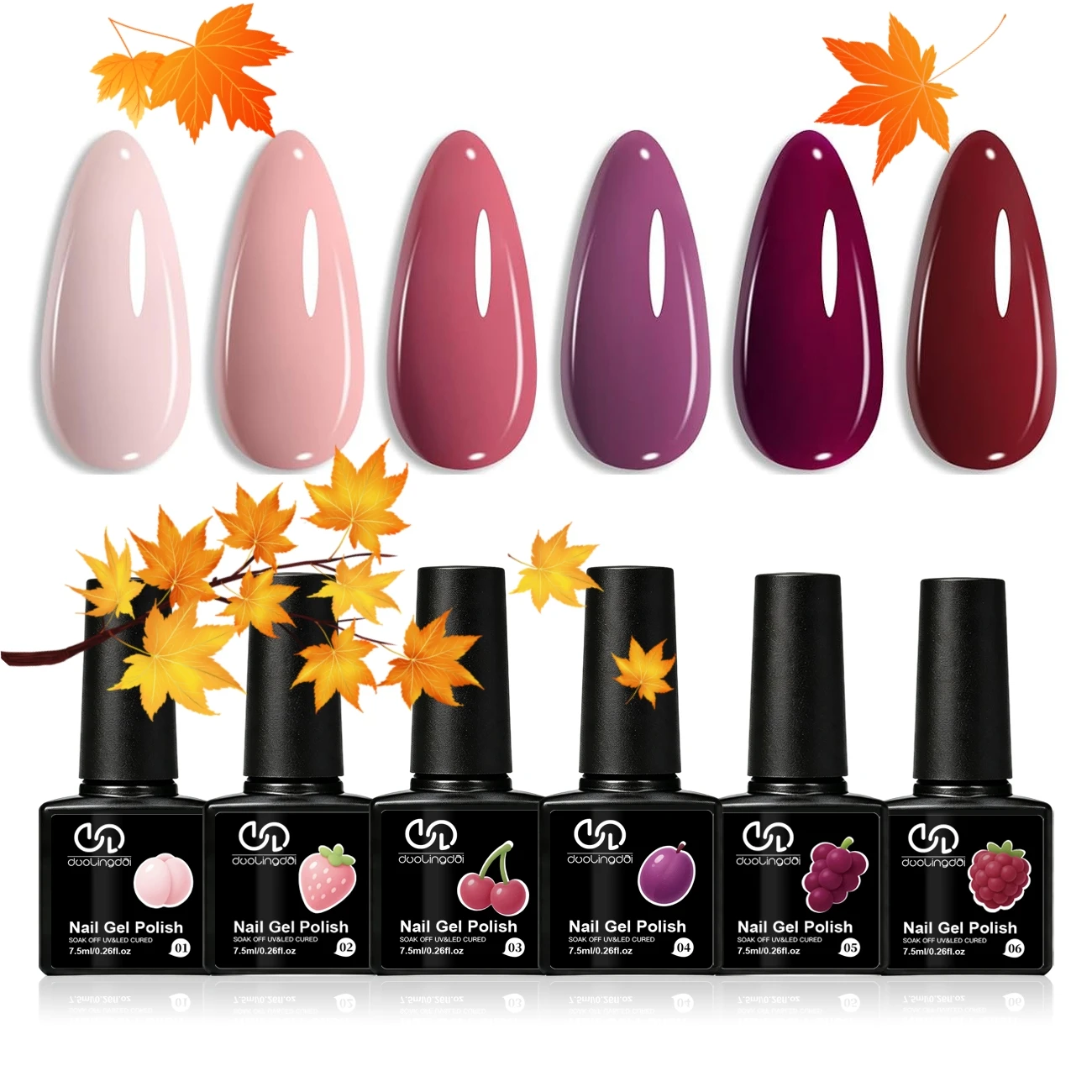 6Pcs Fruity Berry Pink Purple Gel Nail Polish Set, Peach Plum Burgundy Soak‑Off UV LED Gel Kit for Autumn Thanksgiving DIY Salon