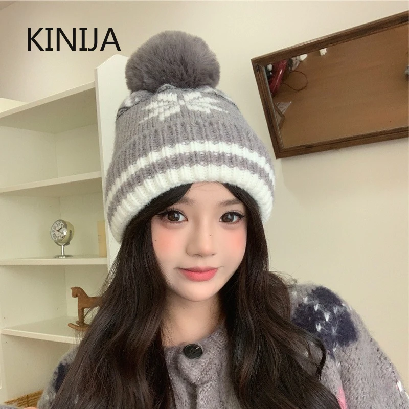 Ins Retro Schneeflocke Jacquard Gestrickte Wolle Hut Mützen Kappe für Frauen Winter Verdickt Warme Mode Pullover Hut Koreanische