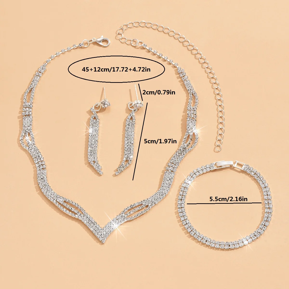 Set di gioielli da donna alla moda da 4 pezzi con collane di strass, orecchini, bracciali, accessori da sposa da sposa