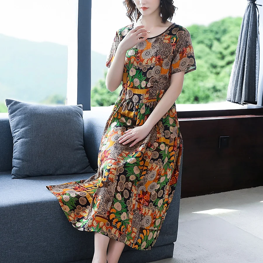 2024 Vintage Print Natural Silk Midi Dresses Summer Fashion New Office Lady Runway Dress Elegant Women Bodycon Party Vestidos