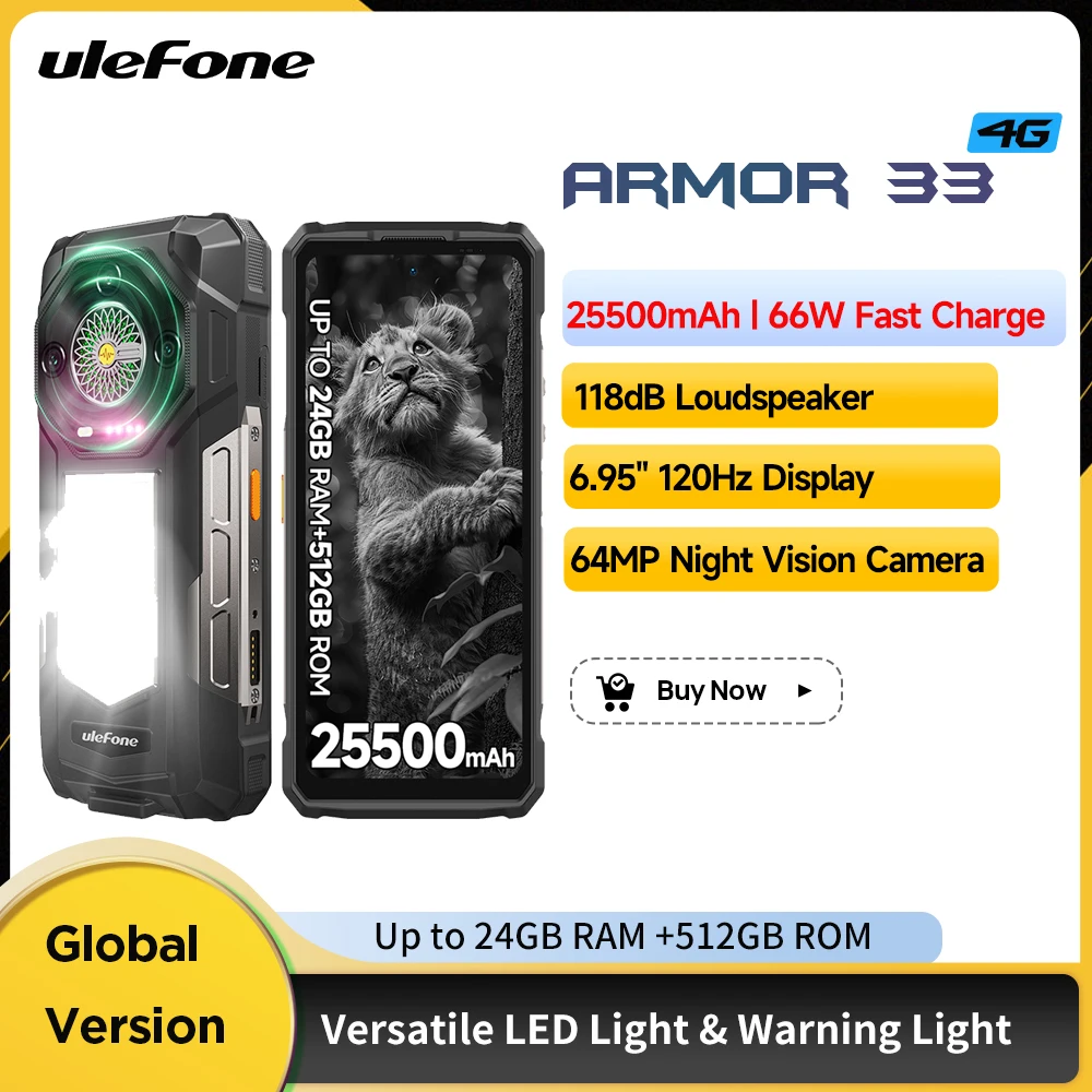 Ulefone Armor 33 Rugged Phone Smartphone Android 15 24GB+512GB Versatile LED NFC 66W Fast Charging 25500mAh Loud Speaker 120Hz