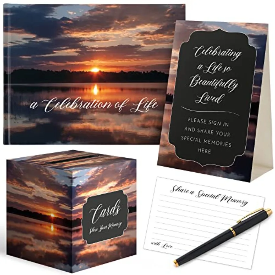 

All-In-One Funeral Guest Book Set Elegant Memorial Guestbook Funeral Register Book 60 Memory Cards Collection Box Black Pen Tab