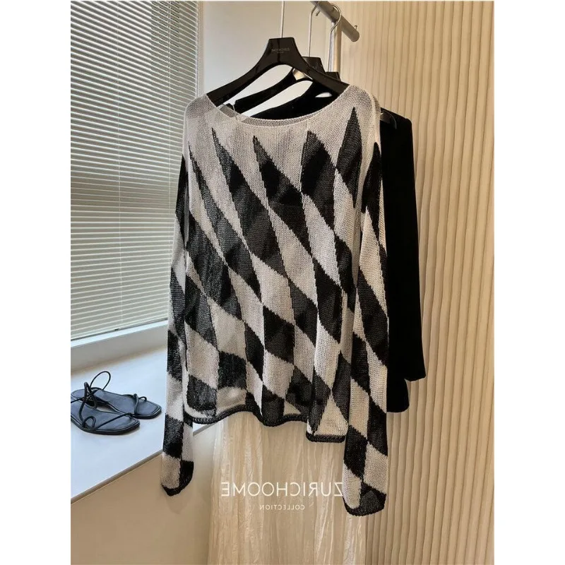 

Модная женская клетчатая контрастная ромбовидная слегка прозрачная однострочная вязаная блузка с воротником из шелкового льна, универсальный топ
