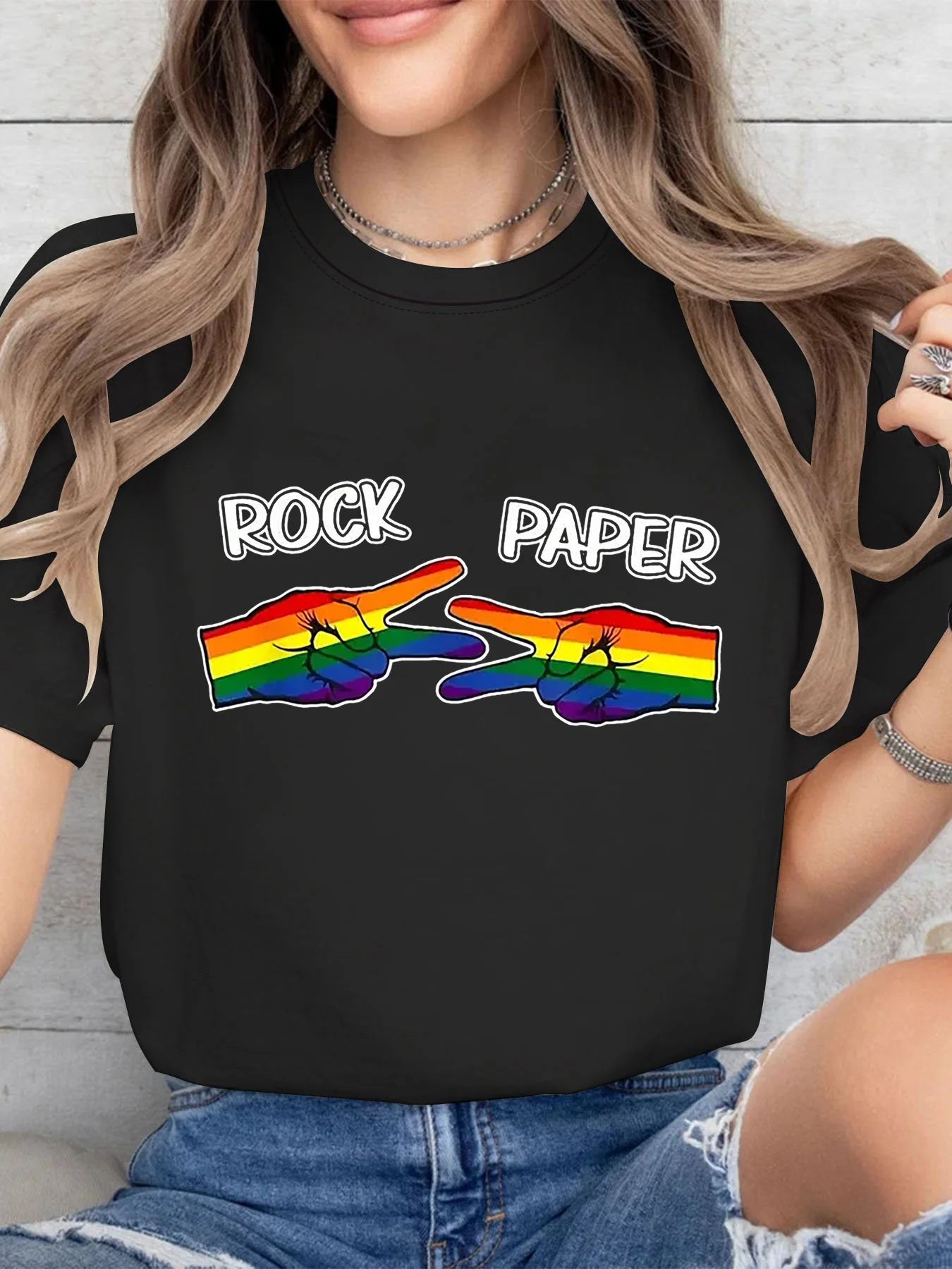 

ROCK PAPER Letter Print Women's T-shirt, Short Sleeve Crew Neck Casual Top For Summer & Spring