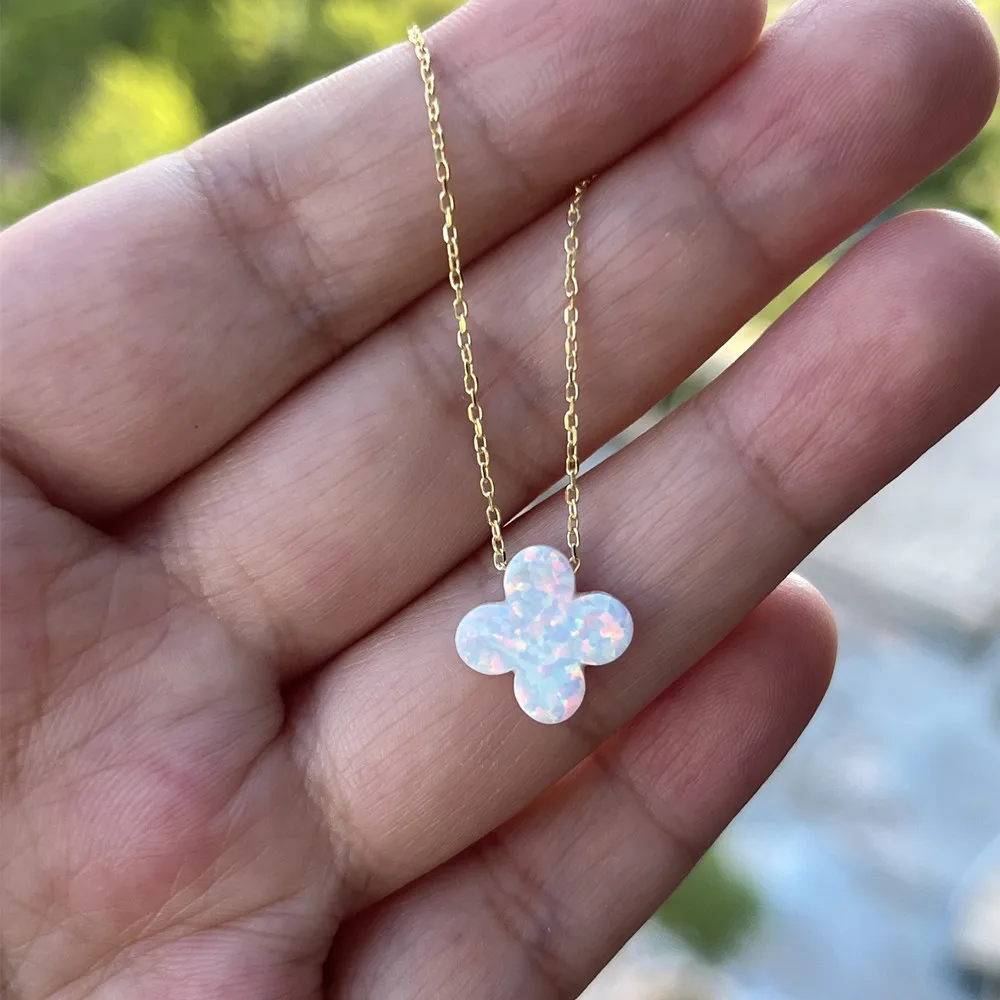 1pc Free Shipping 2024 New Style Synthetic Opal 12mm White Four Leaf Clover Shape With 925 Sterling Silver Necklace For Gift