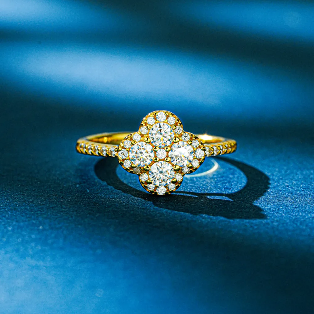 Luxury 9999 24K Solid gold certifid ring inlaid with moissanite au999 solid gold four-leaf clover ring