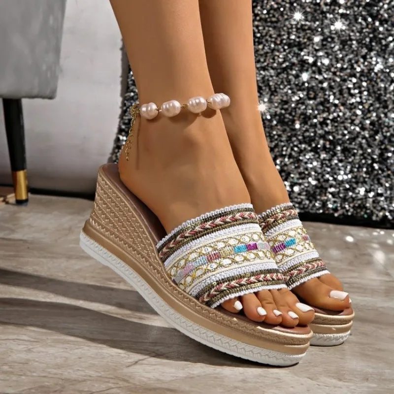 

Женские удобные шлепанцы Сандалии на платформе Сандалии без шнуровки на платформе Сандалии на танкетке Экзотические нескользящие сандалии в этническом стиле для отпуска