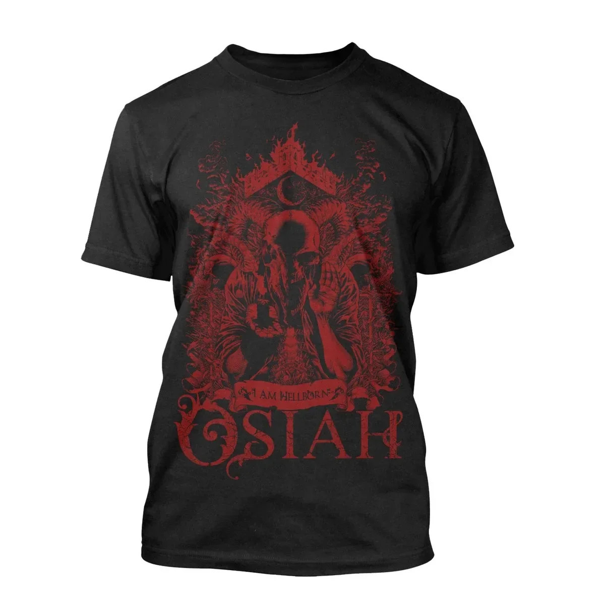 Osiah T‑Shirt Dark Occult Woodcut Art Blood‑Red Tone Devotional Skeleton Icon Surrounded By Blazing Spire and Bramble
