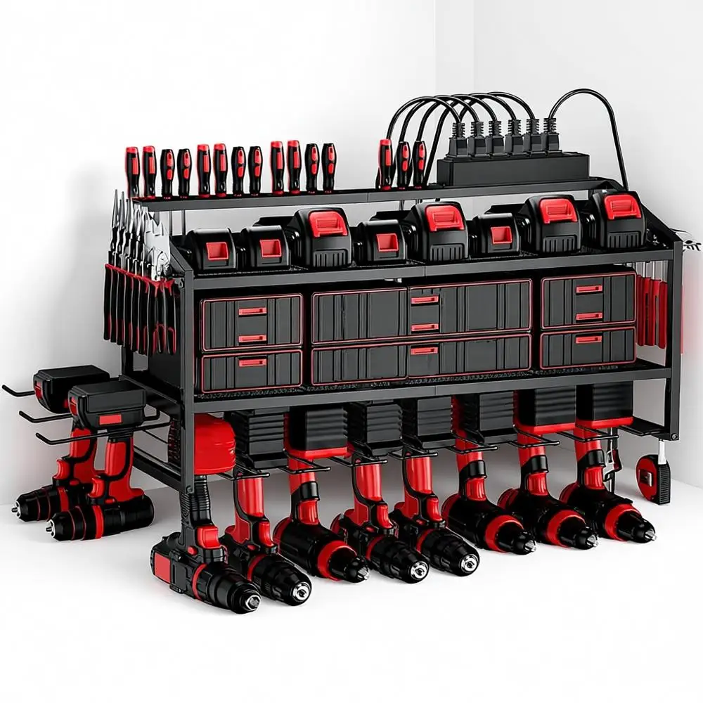 

Power Tool Organizer Wall Mount with Charging Station, 3 Layer Storage Rack, 8 Drill Holder, 6 Outlet Power Strip
