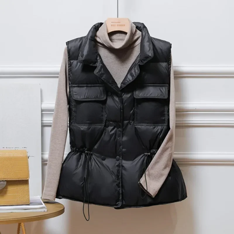 2024 Women Sleeveless Jacket New Spring Autumn Double Breasted Stand Collar Waistcoat Short White Duck Down Coat Female Parkas