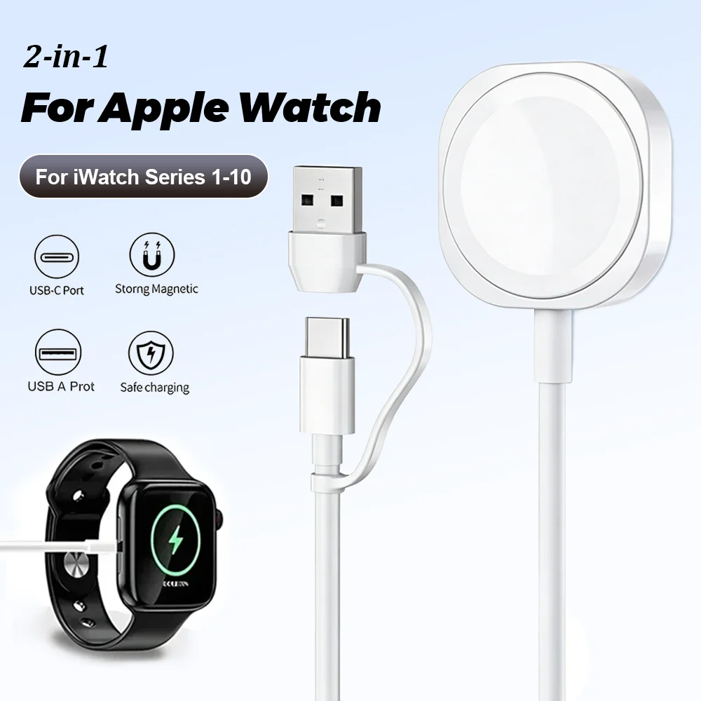 2 in 1 Magnetic Wireless USB A Fast Charger Type C Charging Cable For Apple Watch Series 11 10 9 8 7 iWatch 5 4 3 Ultra Edition
