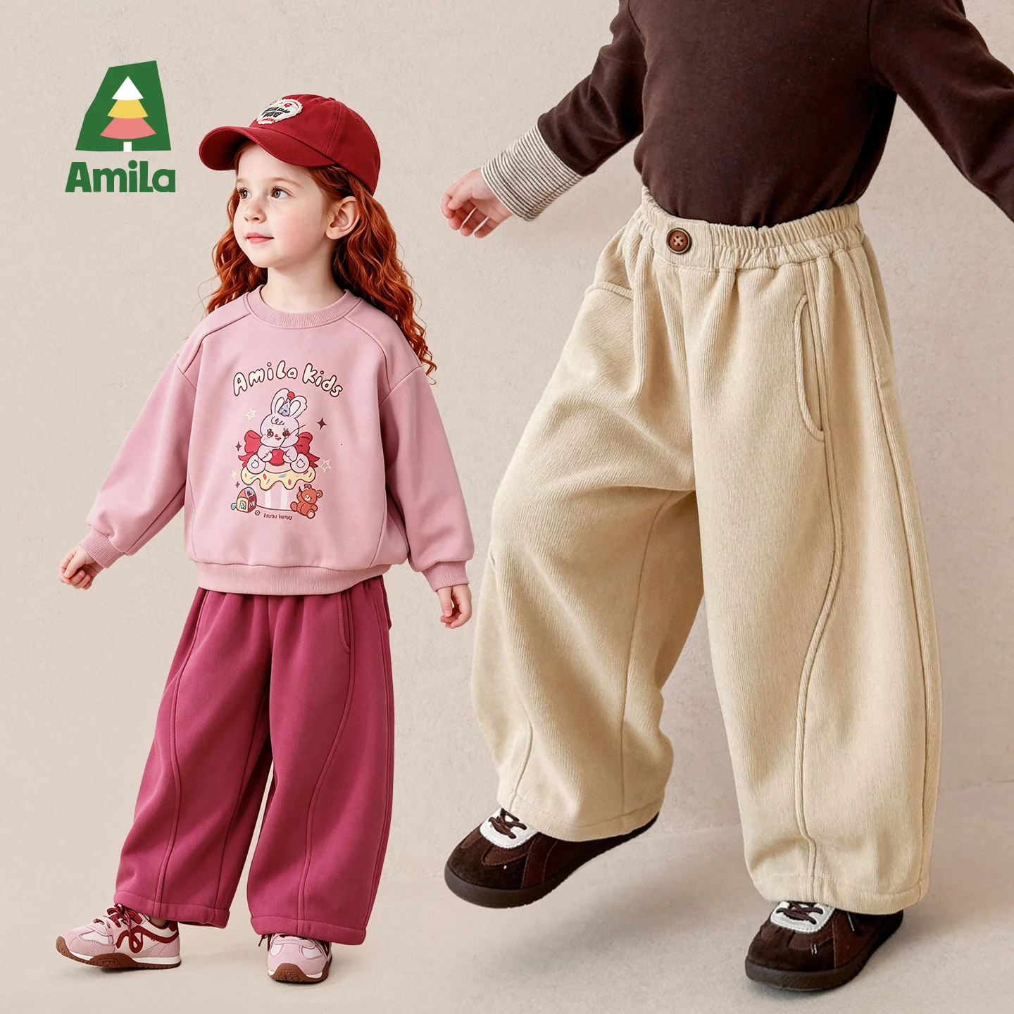 Amila 2026 Winter New Kids Casual Long Pants Back Seam Design Loose Fit Fleece Lined Warm Extra Soft Cozy Daily Long Pants