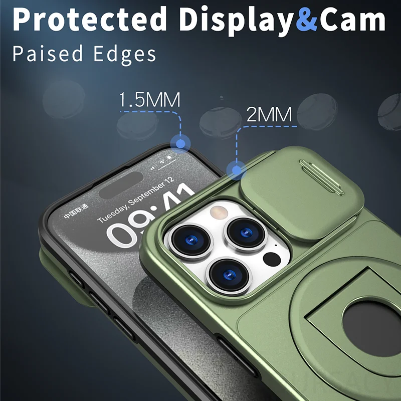 Luksusowe etui na telefon z magnetycznym mocowaniem do iPhone'a 15 14 13 12 11 Pro Max 16 Plus 17 Air z ochroną aparatu i wysuwanym uchwytem.