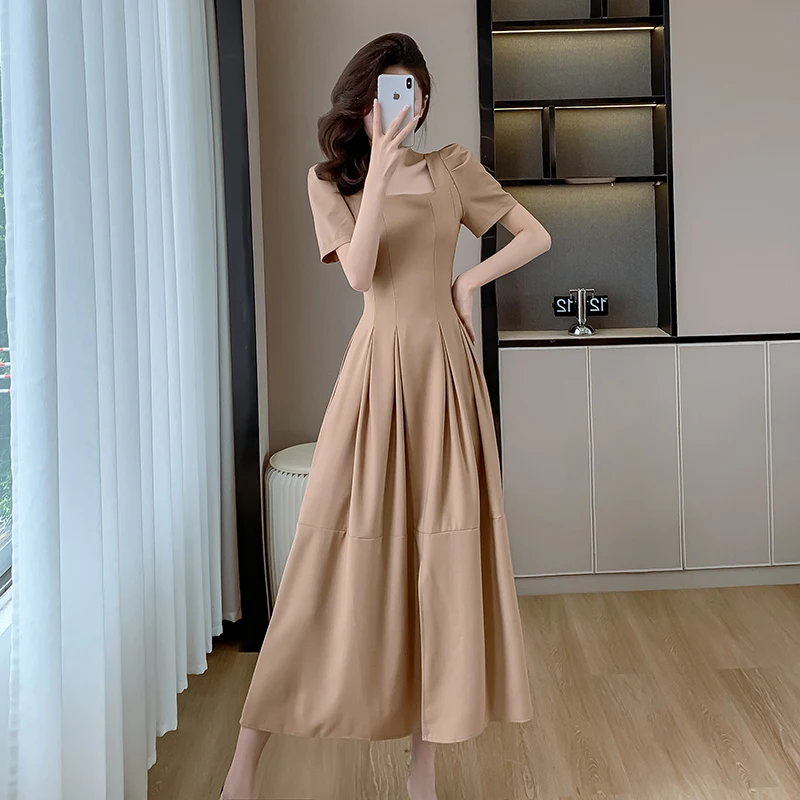 

Elegant Women Square Collar Office Ladies Midi Dress 2024 New French Summer Folds Puff Sleeve Split Slim Waist Ball Gown Vestido