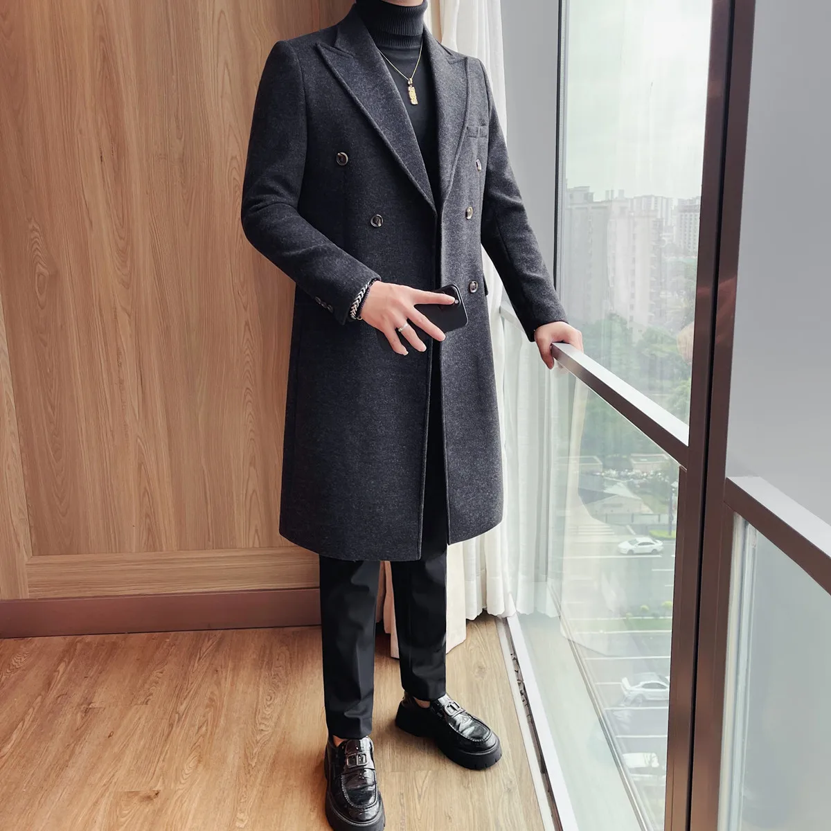 

Autumn Winter Men's Woolen Jackets Double Breasted Lapel Mid Length Wool Blends Coat Casual Business Windbreaker Men Clothing