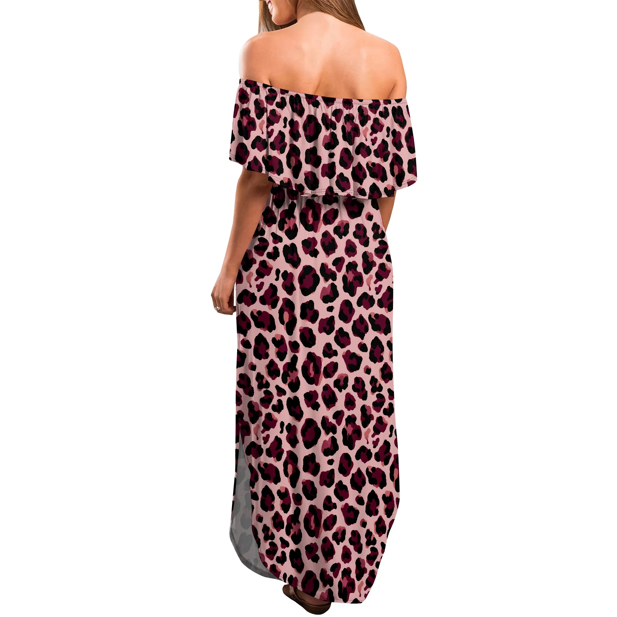 ผู้หญิงปิดไหล่ Ruffle Party Dresses ด้านข้างแยก Beach Maxi Dress