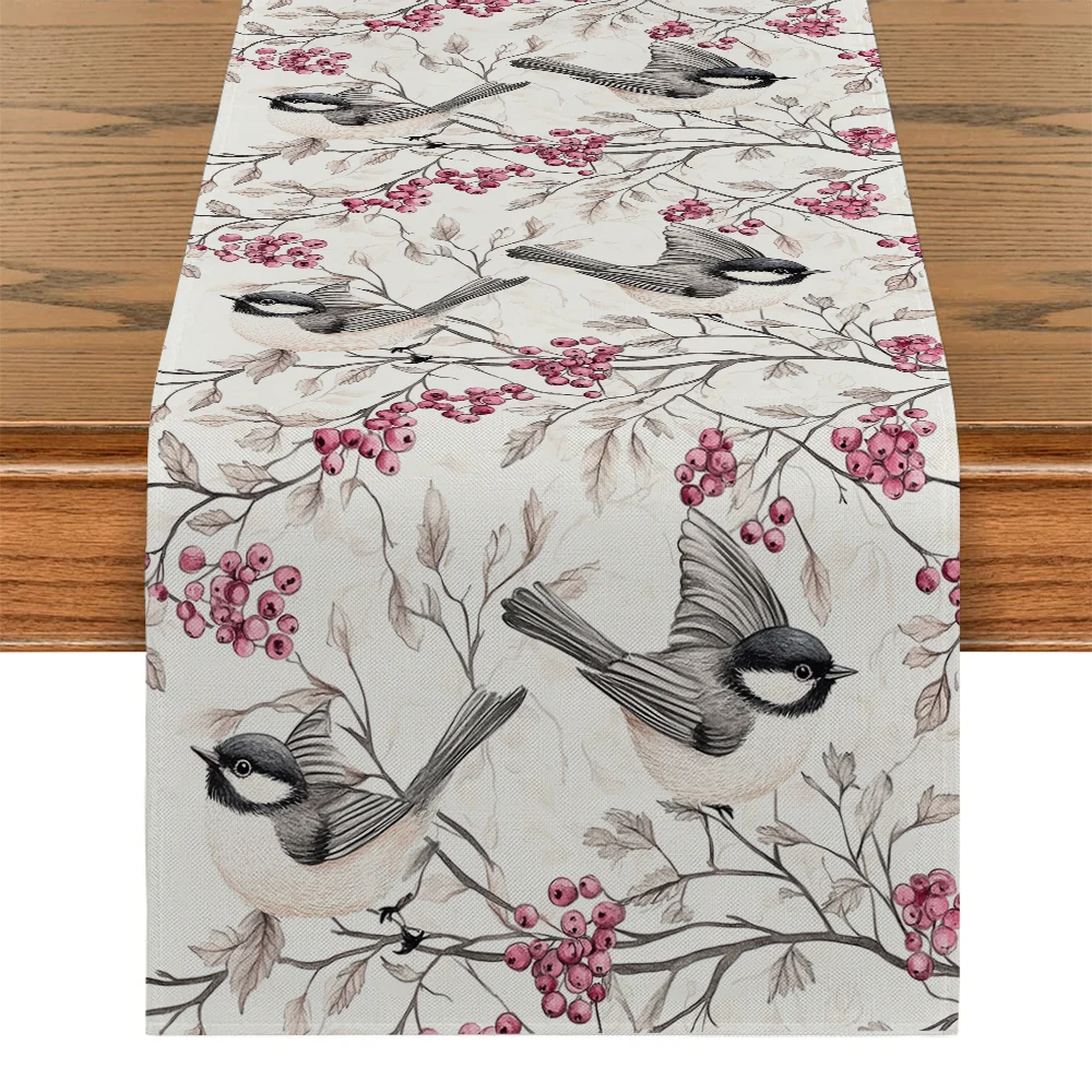 Bird Branches Flower Table Runners Kitchen Table Decor Farmhouse Washable Dining Table Runner Holiday Party Wedding Decorations