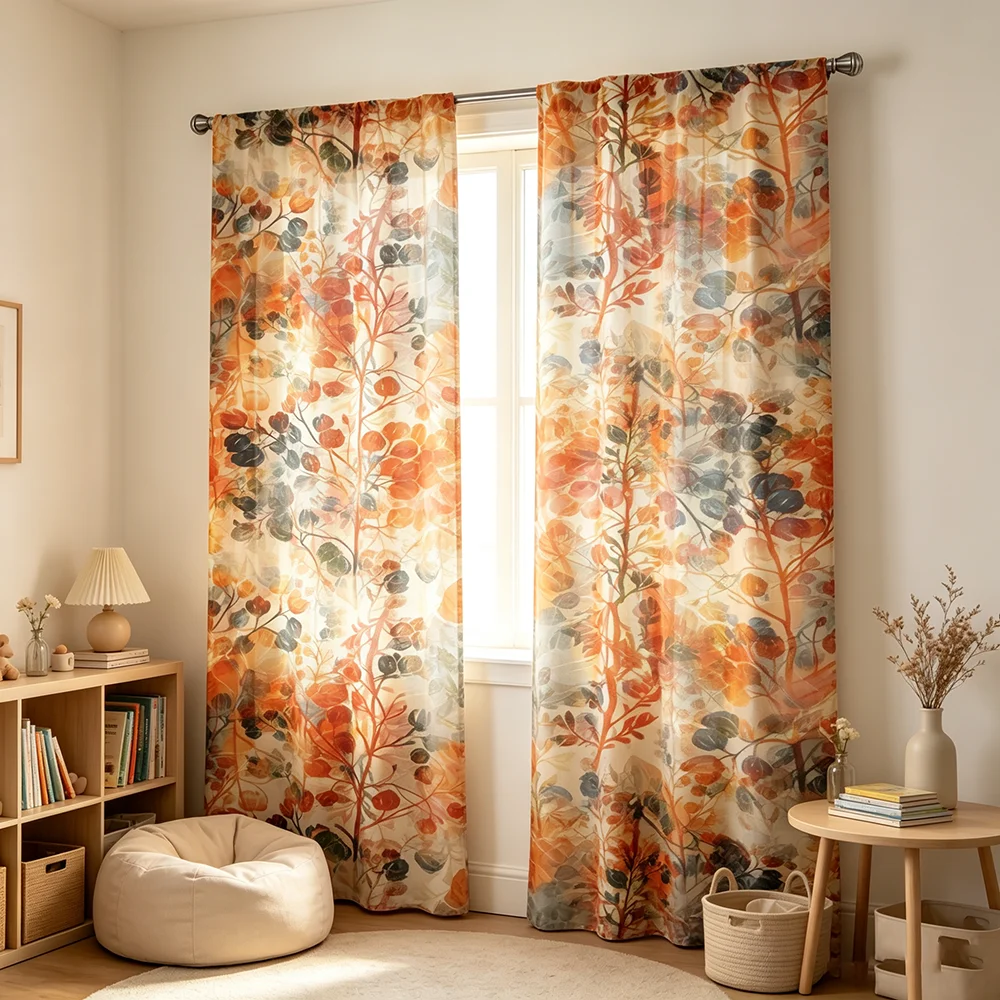 2PCS Orange Autumn Forest Curtains, Fall Landscape Print, Seasonal Window Drapes for Living Room Bedroom Home Decor
