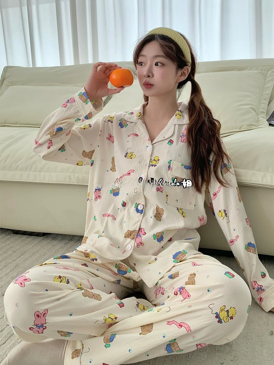 

Adorable Bear Print Sleepwear Set Women's Long Sleeve Soft Cloud Cotton Home Clothes Outwear Youth Autumn Winter Comfortable ...