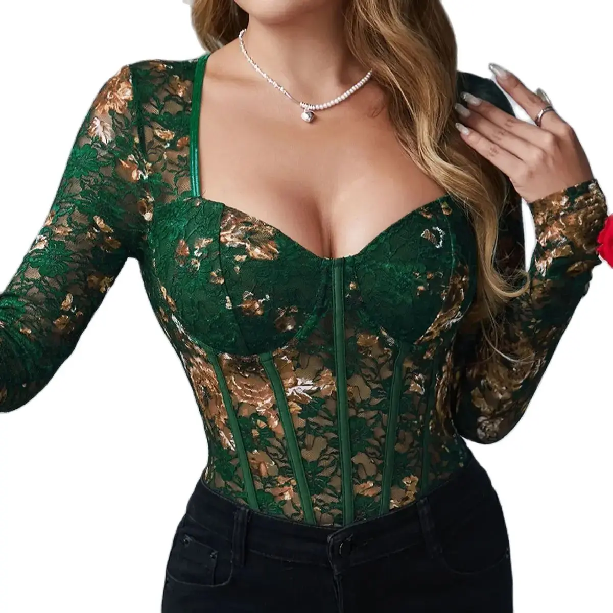 Green Lace Net Bodysuits for Women Square Neck Lingerie Shapewear Bodyshaper Thongs Nightclub Jumpsuit Long Sleeve Corset Tops