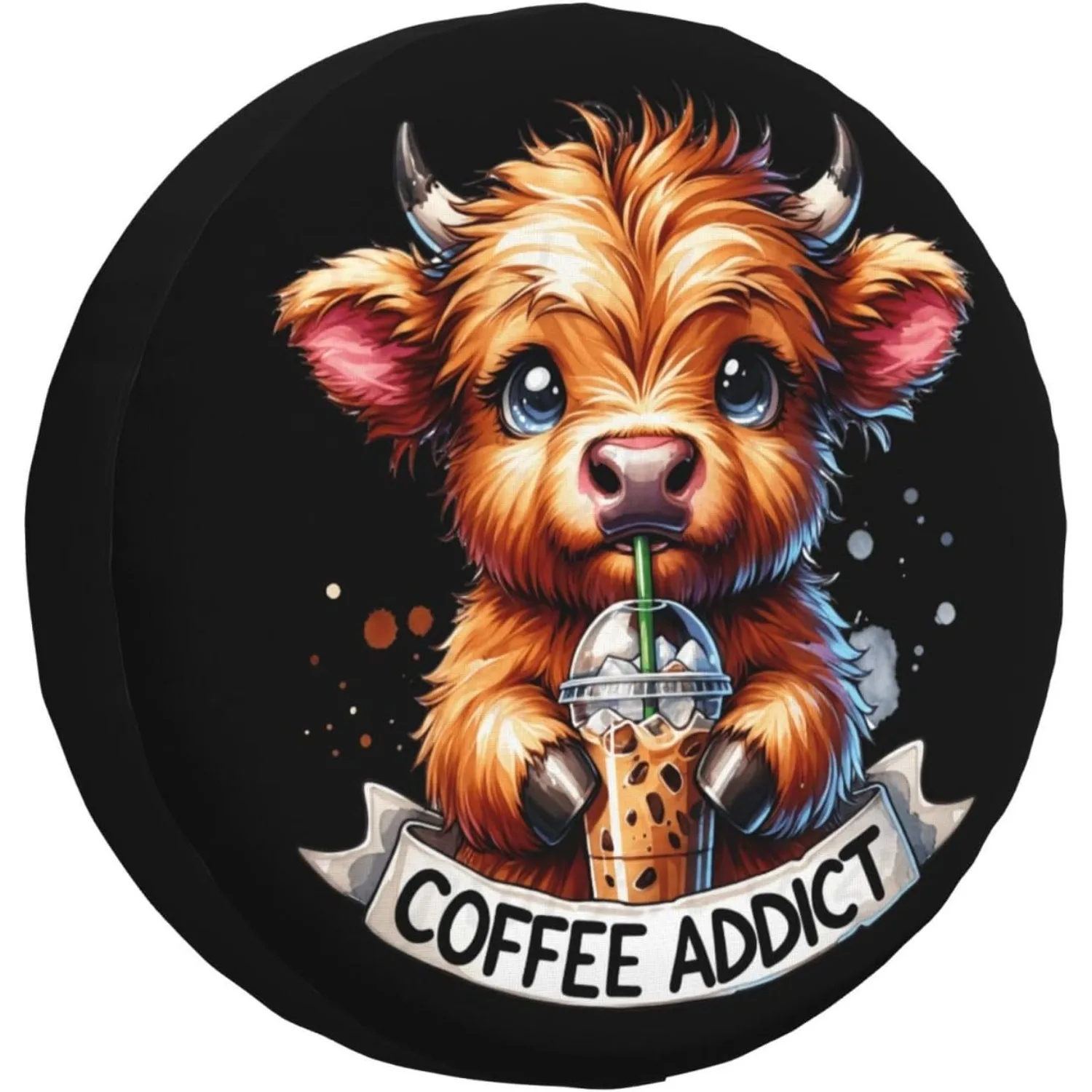 Cute Highland Cow Coffee Addict Spare Tire Cover Polyester Protector For SUV Truck RV
