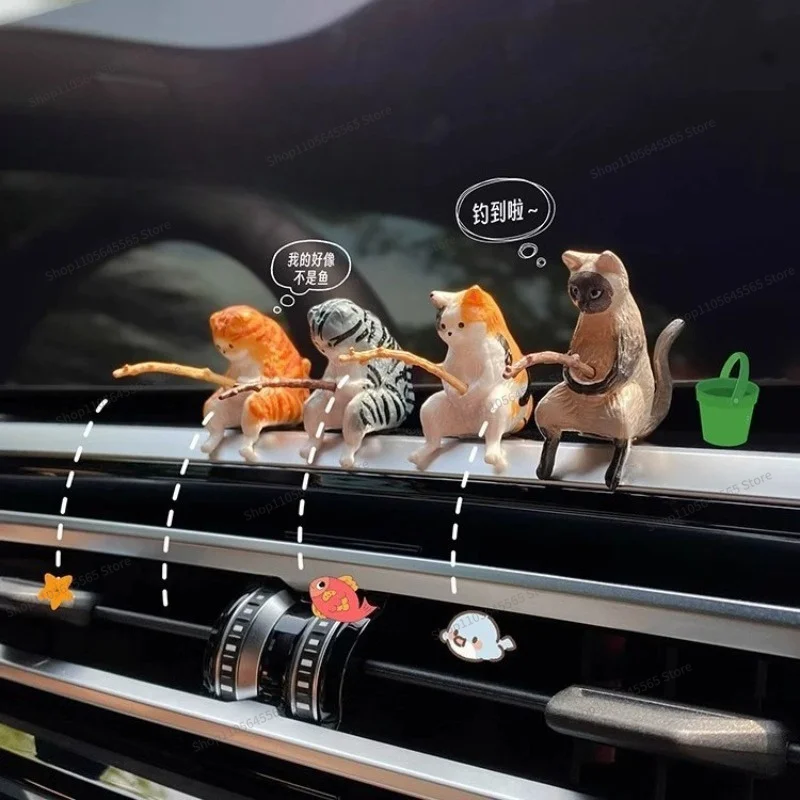 For Car Ornament Cat Fishing Healing Series Center Console Screen Rearview Mirror Creative Cute Interior Accessories