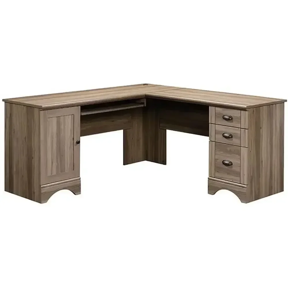 L-Shaped Desk with CPU Storage, Letter/Legal File Drawer, and Keyboard Tray in Salt Oak Finish