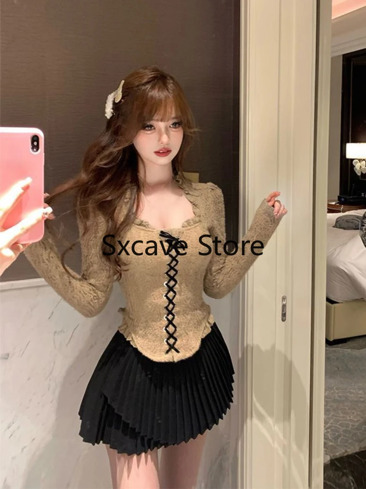 2023 Autumn Pure Color Knitted Sweater Women Outwear Casual Long Sleeve Sexy Vintage Lace Pullovers Bodycon Y2k Blouse Korean