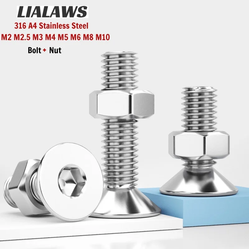 M2 M2.5 M3 M4 M5 M6 M8 M10 316 A4 Marine Grade Stainless Steel Countersunk Hex Socket Bolt Nut Set DIN7991 Allen Flat Head Screw