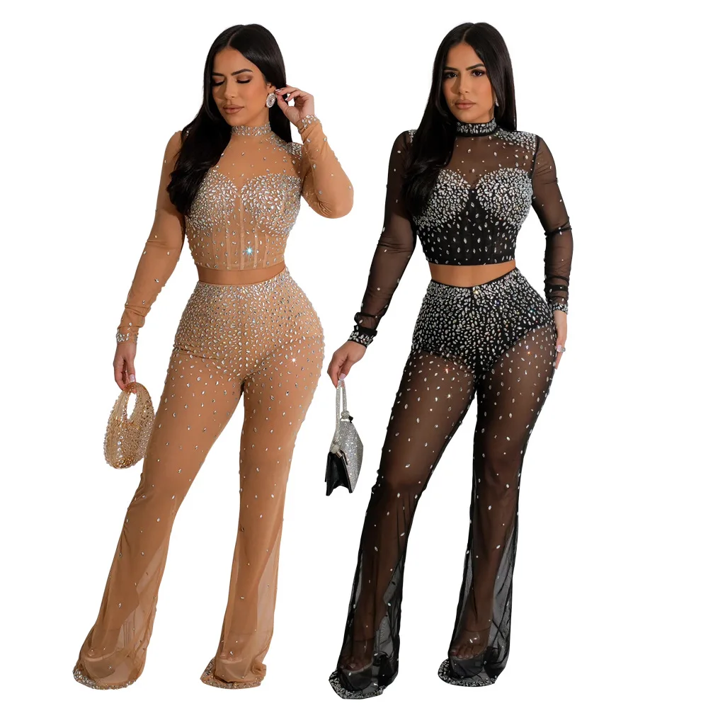 Sexy Sheer Mesh Diamonds Two Pieces Set See Through Long Sleeve Crop Top Patchwork Pants Suits Night Club Party Women Clothings