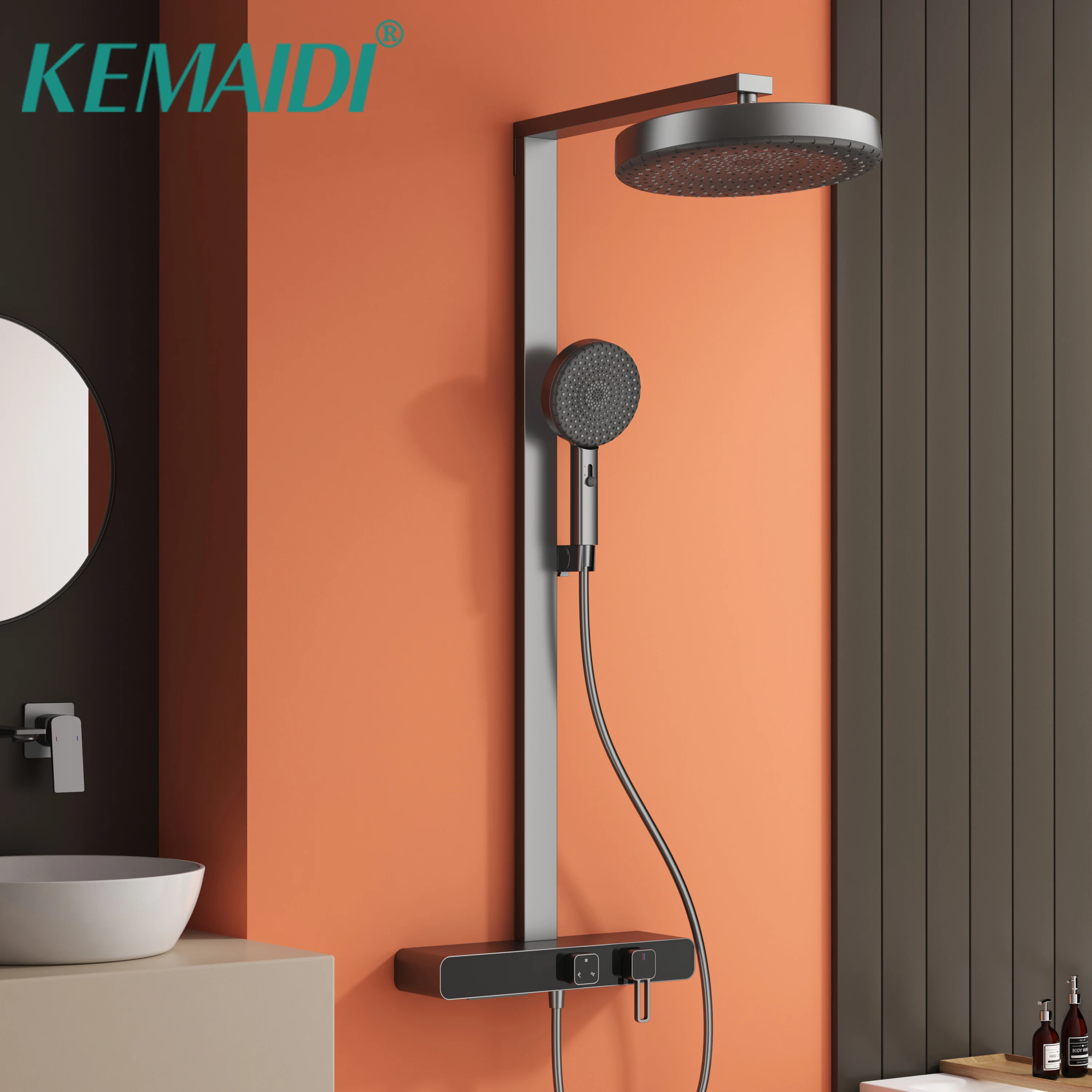 KEMAID Bathroom Shower Set Multifunctional Bath Shower Faucet System W/ Hand Shower Sprayer Grey Shower System Square Pipe