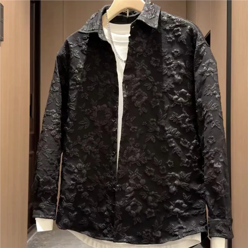 Spring Summer Embossed Jacquard Long Sleeve Shirt Men Loose Lapel Handsome High-grade Outdoor Casual Blouse Coat