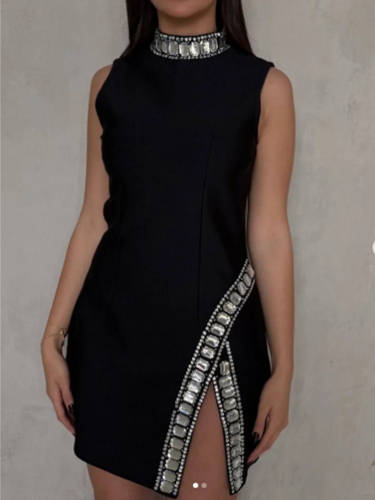 Czarny czerwony damski bez rękawów seksowny duży kryształowy świecący obcisły mini bandażowy strój świętuj urodziny strój do klubu nocnego Vestido