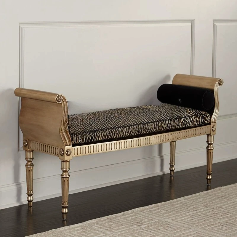 American neoclassical solid wood carving flower shoe stool French gold old leopard print fabric bedside stool