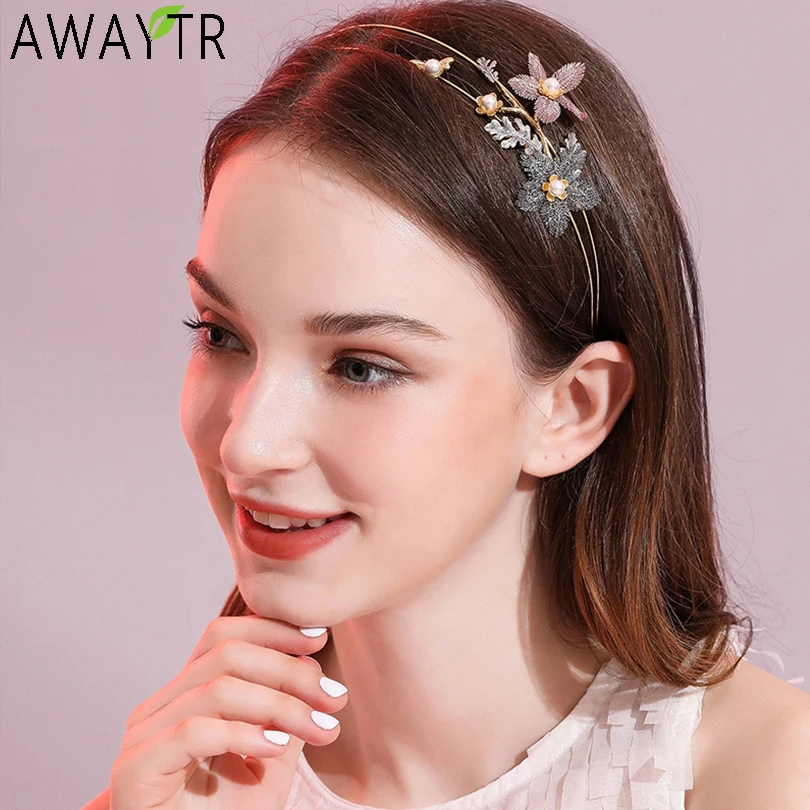 Dwuwarstwowa opaska metalowa opaska na głowę do włosów w kształcie motyla Hoop dla kobiet Party Rhinestone kwiat perłowy Hairband akcesoria do włosów