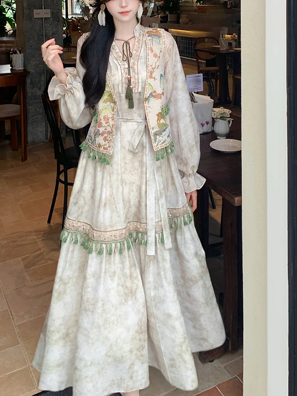 حجم كبير L-4XL فتاة طباعة الخامس الرقبة طويلة الأكمام عالية الخصر شرابة فستان طويل الخريف الصناعة الثقيلة موضة تنوعا سترة جاكار