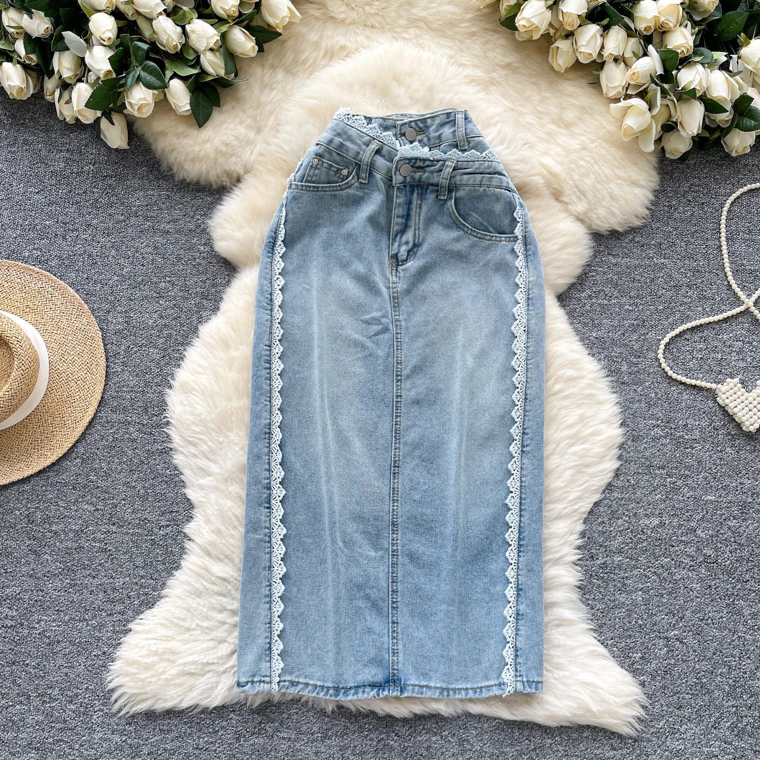 

Women Irregular Lace Splicing Denim Skirts Korean Style Fashion High Waist Split Skirt Summer Versatile Retro Mid-Length Skirts