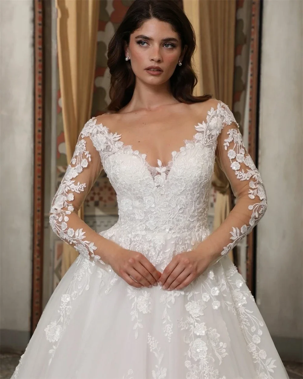 Flavinke Customized BOHO Tulle Wedding Dresses 2025 V-Neck A-Line Lace Appliques Pleated Exquisite Bride Prom Gown Bridal Gowns