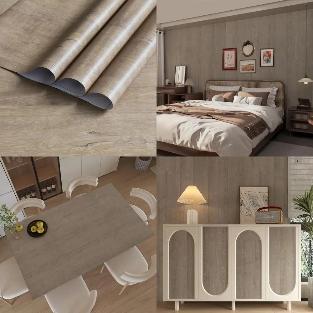 ورق جدران من الفينيل عريض جدًا من خشب البلوط الرمادي، قابل للتقشير واللصق، ورق اتصال خشبي فاتح، تصميم فتحة دليل الهواء، لمسة نهائية غير لامعة