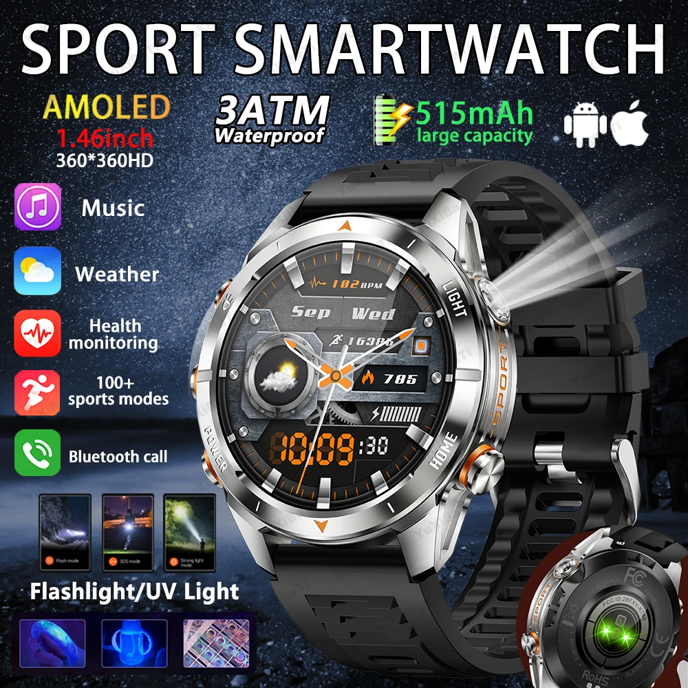 

Мужские спортивные умные часы на открытом воздухе, AMOLED-экран 1,46 дюйма со светодиодным фонариком, аккумулятор 515 мАч, 10 АТМ, водонепроницаемость Bluetooth-вызовов