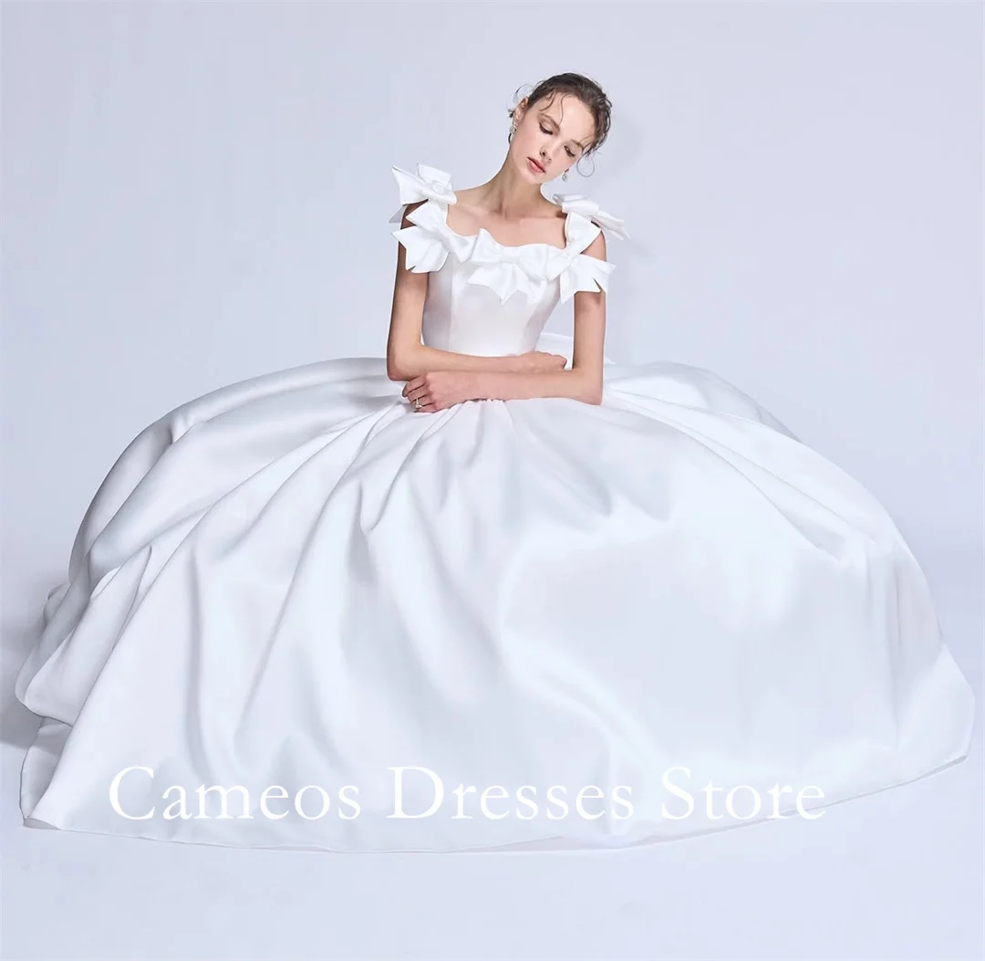 SONDR Square Neck 3D Petal Ruffle Shoulder Satin Ball Gown Wedding Dress Fitted Waist Sweep Train Bridal Gown With Side Pockets