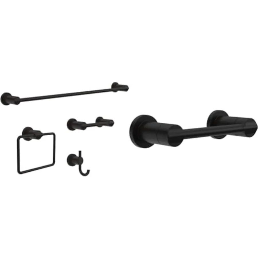 

Bathroom towel bar set: matte black metal, 24-in bar + toilet paper holder + ring + hook, corrosion-resistant finish for modern