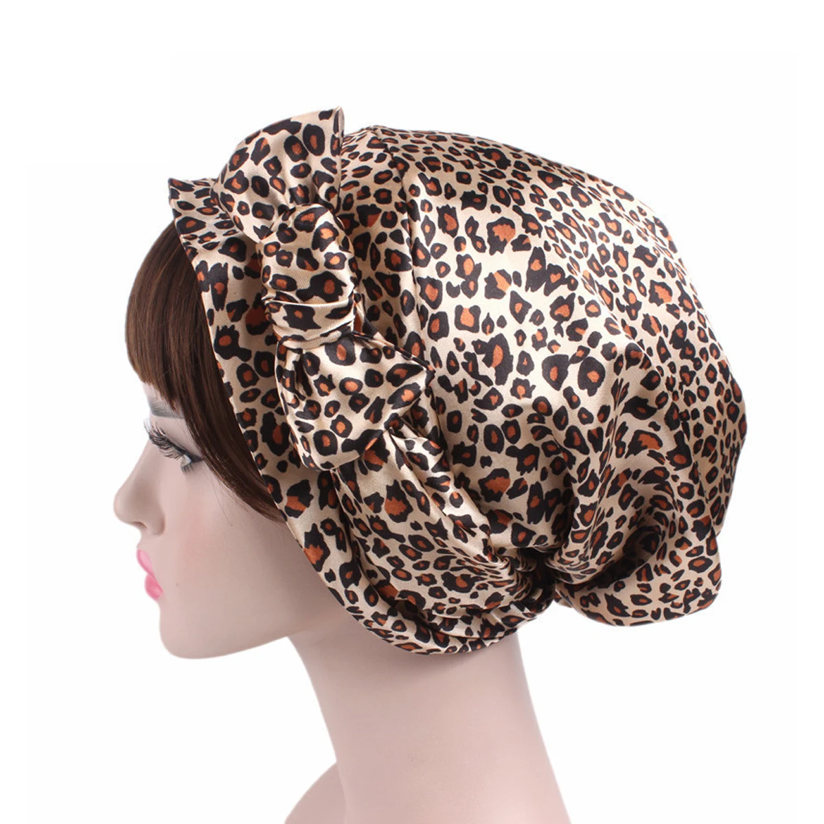 

Satin Turban Hat Head Wraps Women Leopard Bonnet Hair Loss Care Comfortable Breathing Flower Design Elegant Birthday