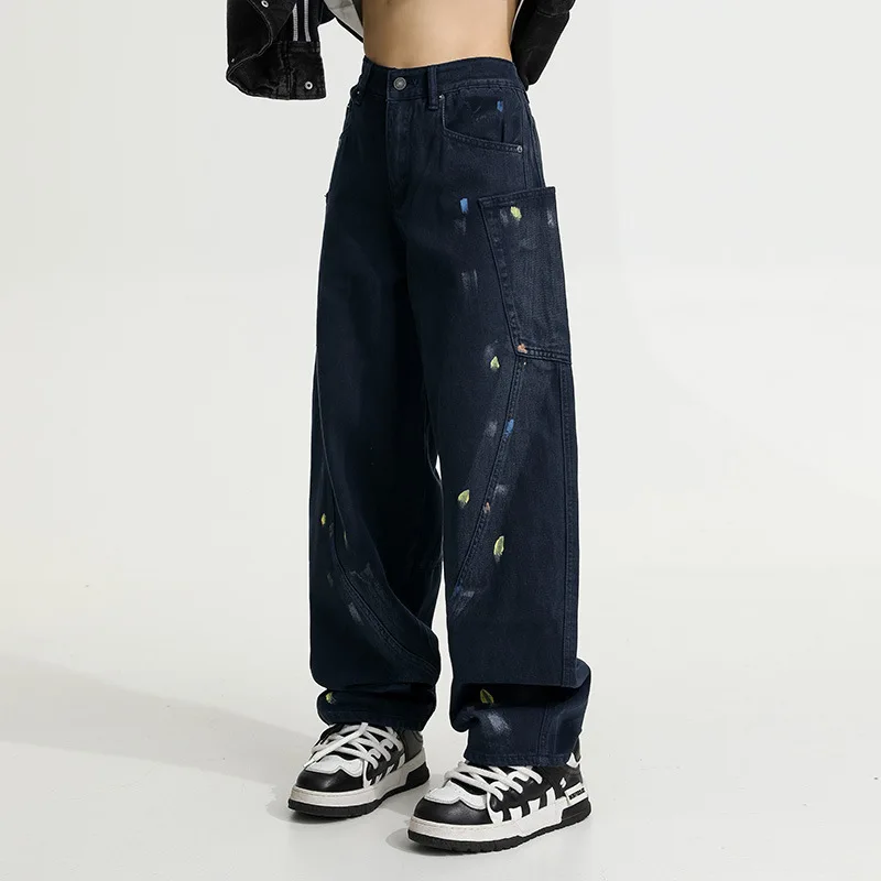 

Splaed Ink Jeans Men Women Straight Loose American High Street Hip Hop Cool Drag Pants Floor-Length Trousers