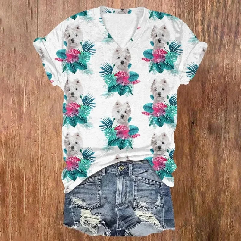 Tropical Plants West Highland Terrier Print Short Sleeved R-neck T-shirt Summer Women's T Shirts