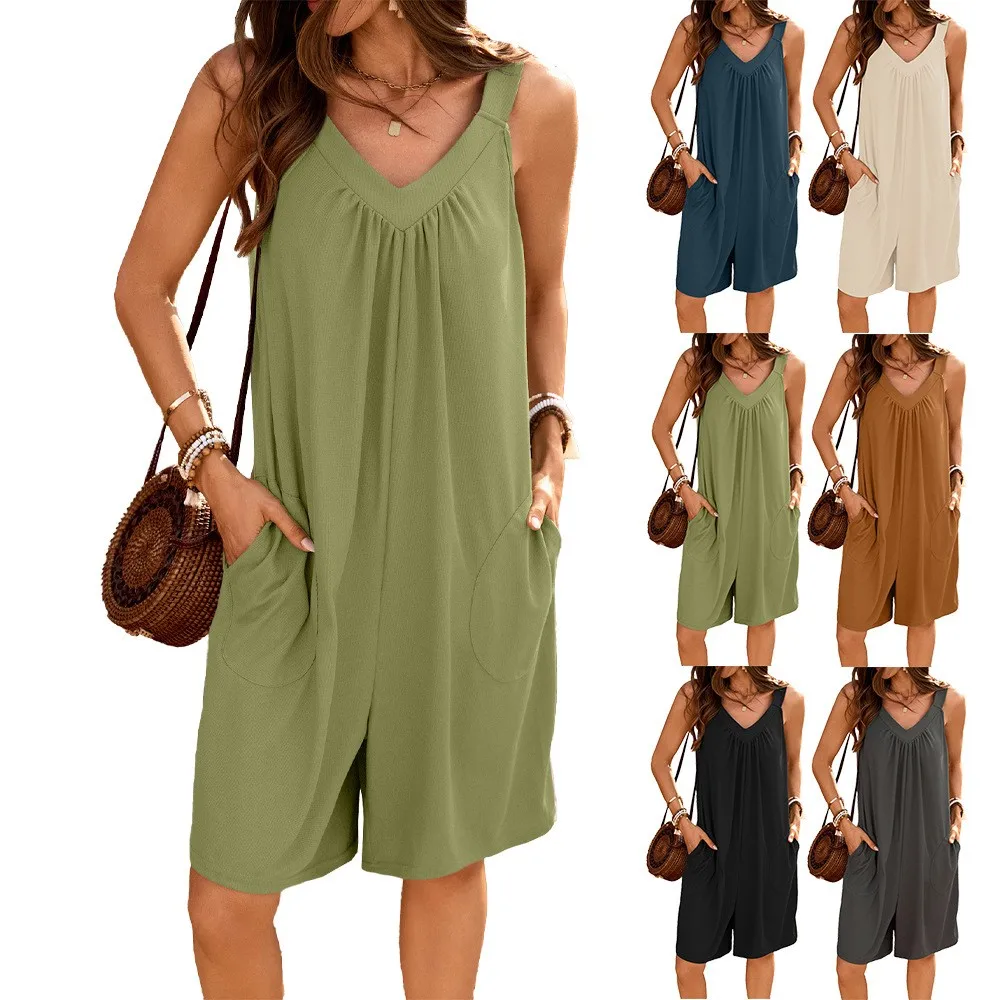 

Summer Women's Clothing V Neck Loose Fit Sleeveless Jumpsuit With Side Pockets For Woman Lightweight Polyester Casual Shortalls