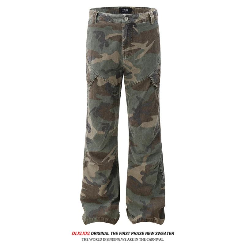 

American Retro Camouflage Work Pants Multi-ket Straight Leg Micro Flared Casual Trousers High Street Vibe GXFortune