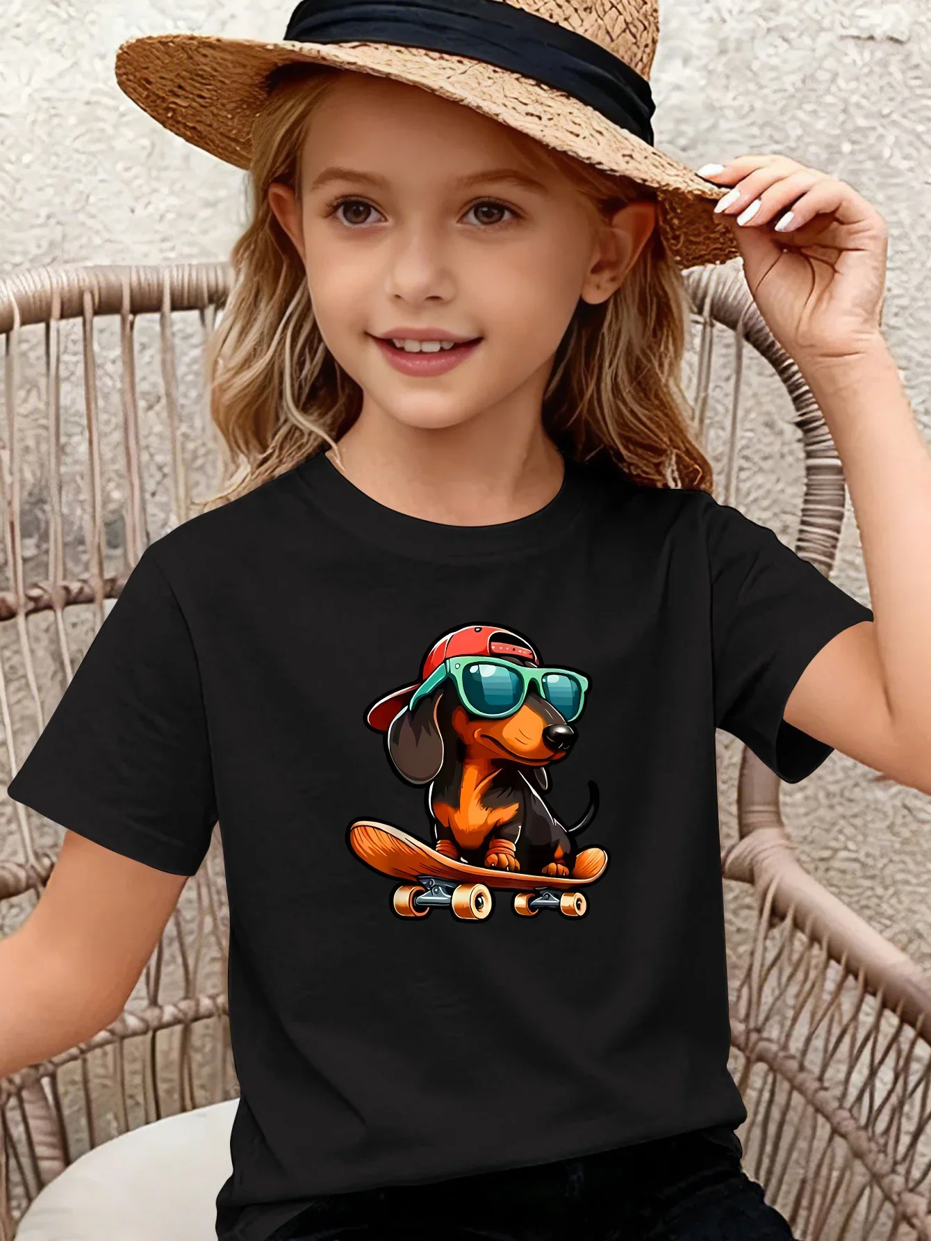 Skateboard Dachshund Cap Sunglasses Print Family Matching Cotton Tees Short Sleeve Tops For Mom Dad Boys Girls Daily Wear